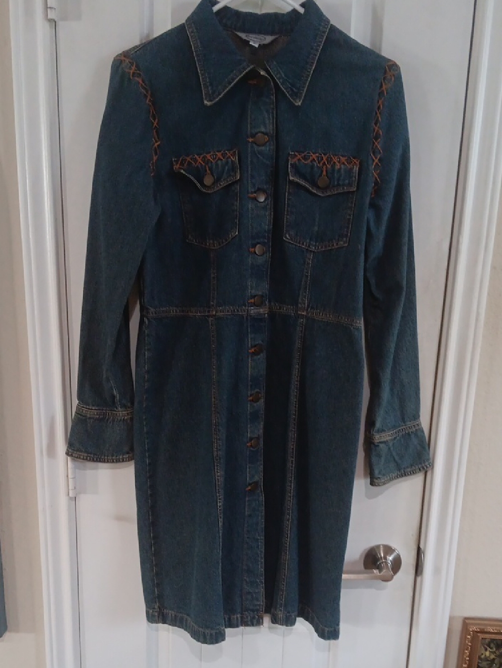Vintage Stonebridge Denim Shirt Dress Size 6 Maxi Duster Embroidered Western